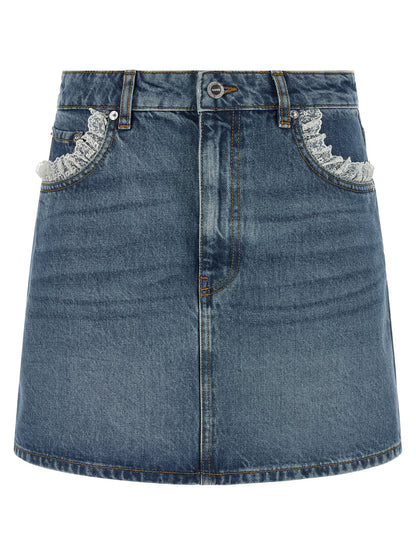 Skirt by Ganni for women in denim cotton blue, brown & white showcases a dramatic silhouette, artfully capturing the essence of the Women's Denim Cotton Skirt in a dramatic mini long cut for a refined look.