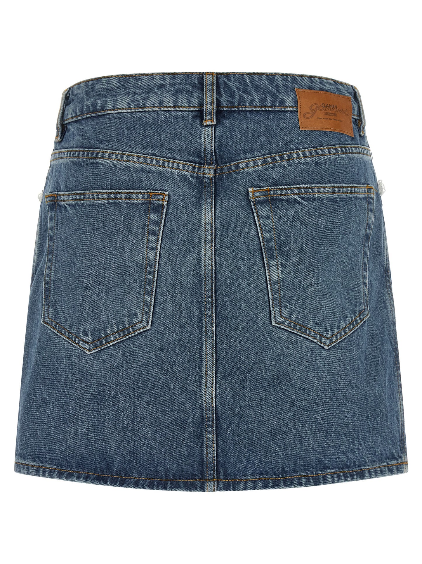 Skirt by Ganni for women in denim cotton blue, brown & white features an relaxed-yet-refined silhouette that elegantly showcases the Women's Denim Cotton Skirt design and sophisticated mini long.