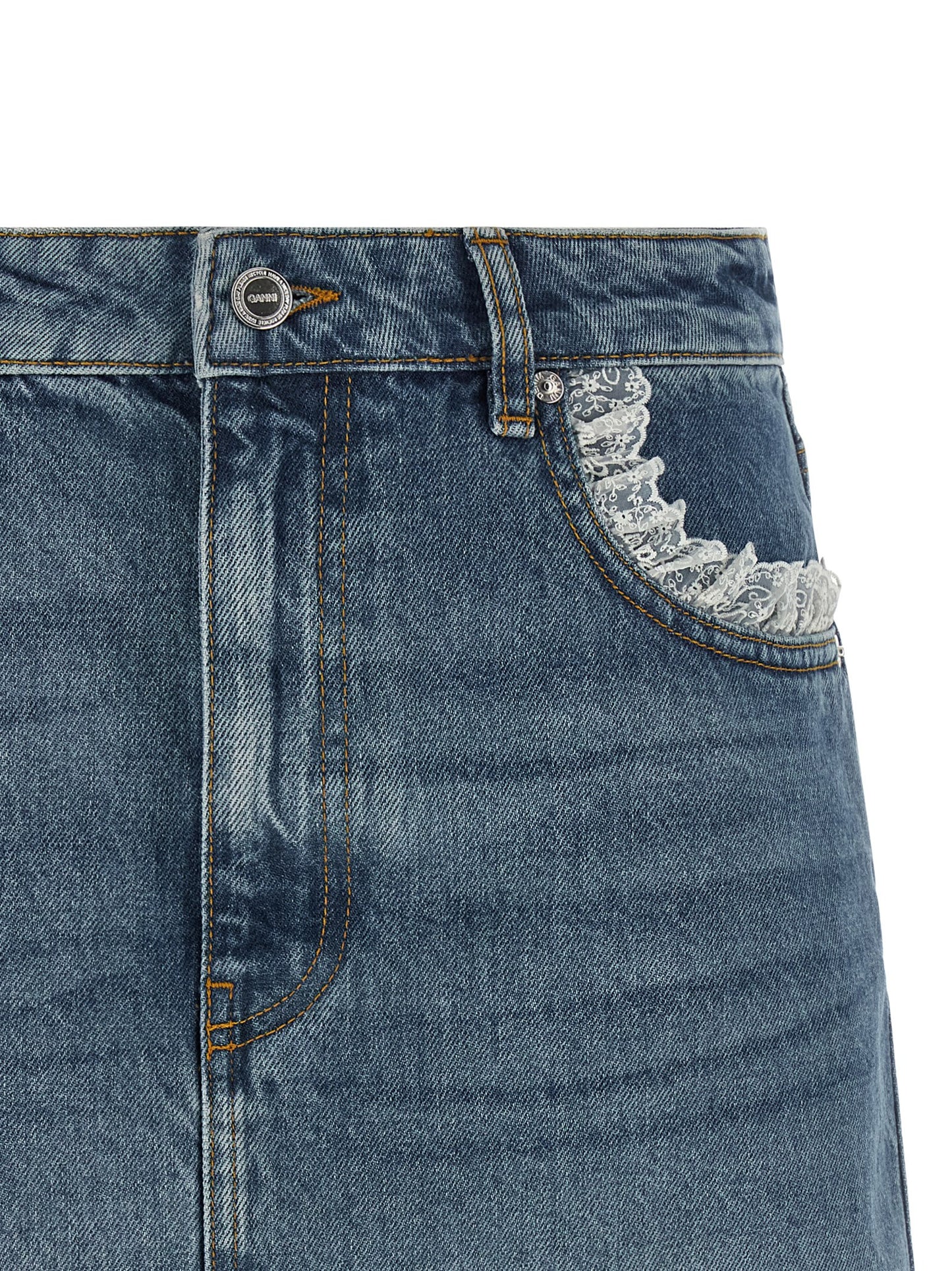Skirt by Ganni for women in denim cotton blue, brown & white features a contoured silhouette from the Women's Denim Cotton Skirt collection, characterized by its contoured mini long for a contoured finish.