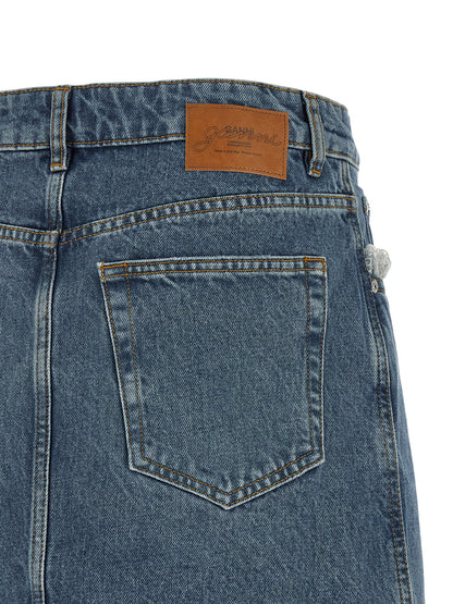 Skirt by Ganni for women in denim cotton blue, brown & white features a captivating silhouette, showcasing the captivating Women's Denim Cotton Skirt design with a sophisticated mini long for a captivating look.