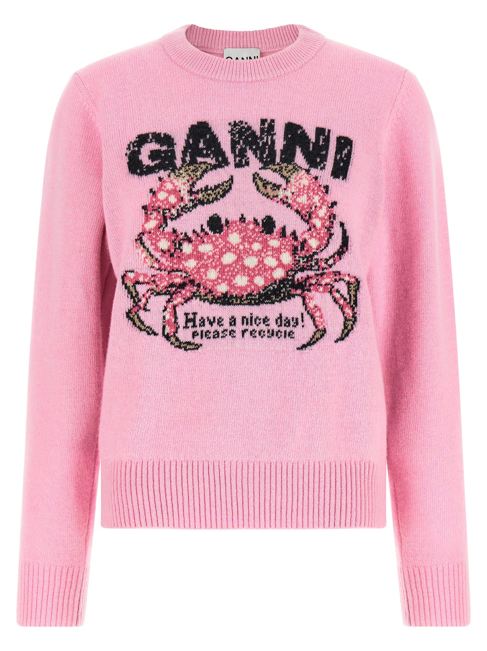 Cardigan by Ganni for women in polyamide wool multicolor, pink, patterned & signature showcases a captivating silhouette, artfully detailed with a captivating and crew neckline for a truly sophisticated captivating look.