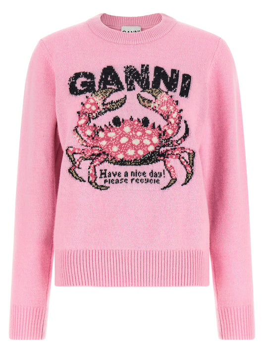 Cardigan by Ganni for women in polyamide wool multicolor, pink, patterned & signature showcases a captivating silhouette, artfully detailed with a captivating and crew neckline for a truly sophisticated captivating look.