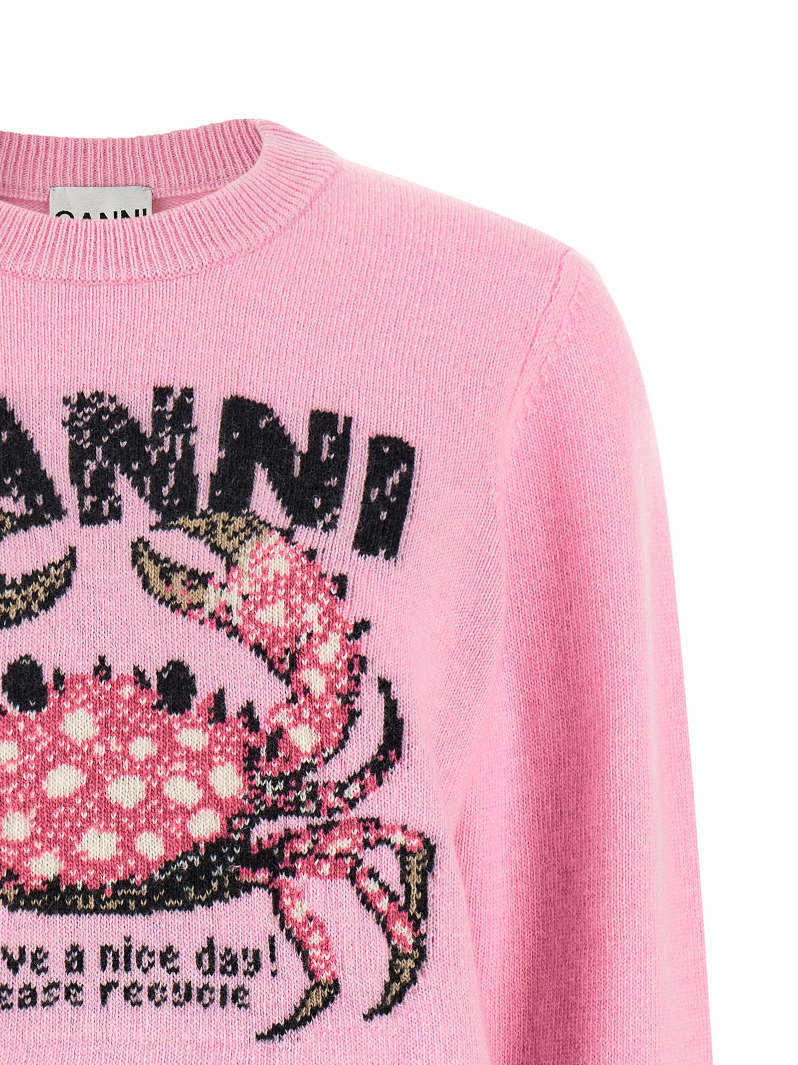 Cardigan by Ganni for women in polyamide wool multicolor, pink, patterned & signature presents a textural silhouette, artfully finished with a textural crew neckline and for a sophisticated, textural look.