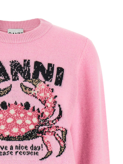Cardigan by Ganni for women in polyamide wool multicolor, pink, patterned & signature presents a textural silhouette, artfully finished with a textural crew neckline and for a sophisticated, textural look.