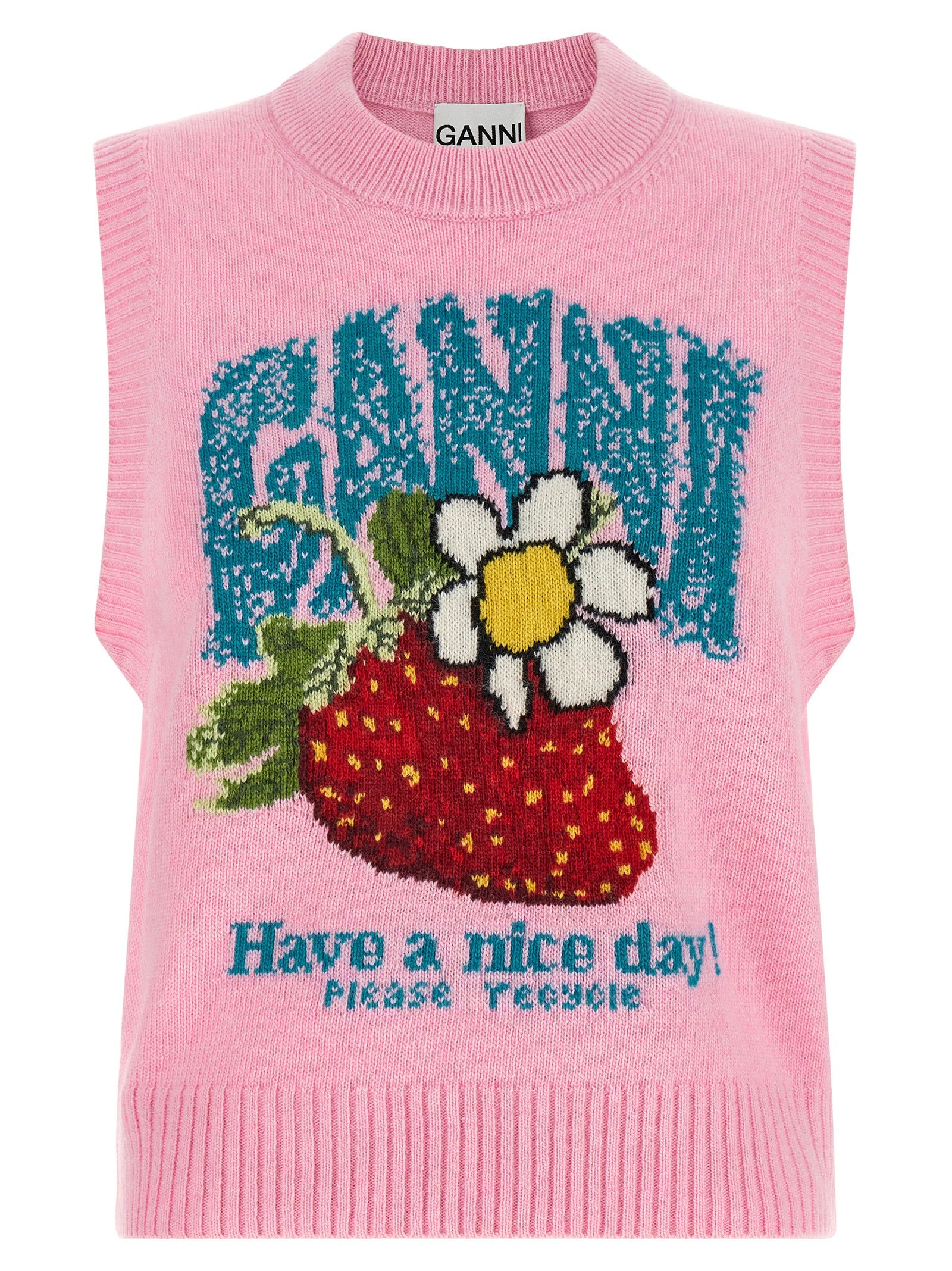 Sweater by Ganni for women in polyamide wool multicolor, pink & patterned features an polished silhouette, showcasing refined sleeveless and a sophisticated crew neckline for a truly polished finish.