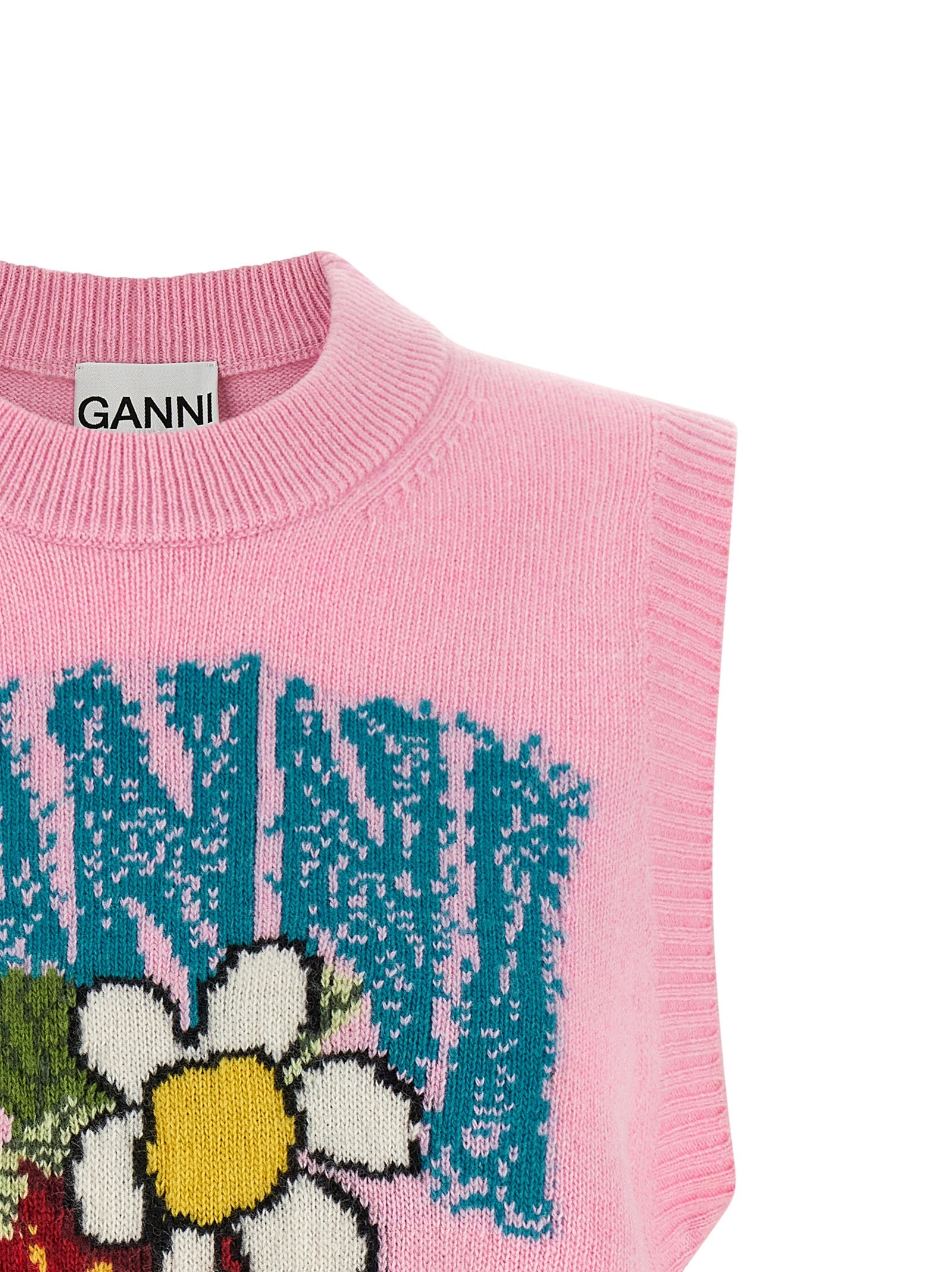 Sweater by Ganni for women in polyamide wool multicolor, pink & patterned showcases a sumptuous silhouette, artfully finished with a sumptuous crew neckline and for a sophisticated, sumptuous look.