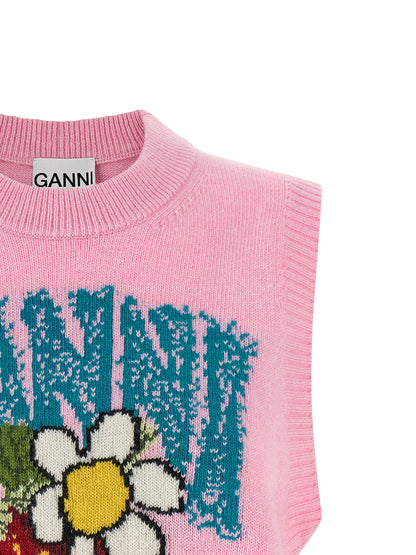 Sweater by Ganni for women in polyamide wool multicolor, pink & patterned showcases a sumptuous silhouette, artfully finished with a sumptuous crew neckline and for a sophisticated, sumptuous look.