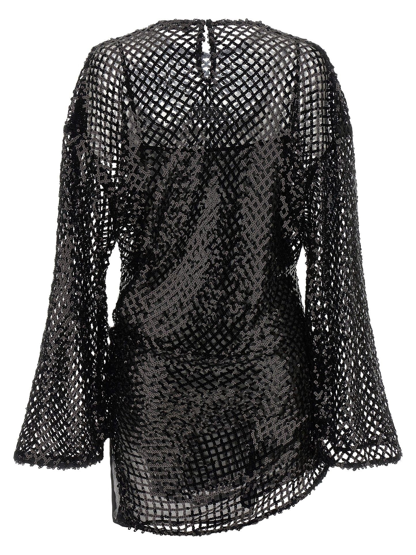 Dress by The Attico for women in polyester sequins black & transparent showcases a striking silhouette, elegantly detailed with a , refined crew split neckline, and a striking short mini for a striking finish.