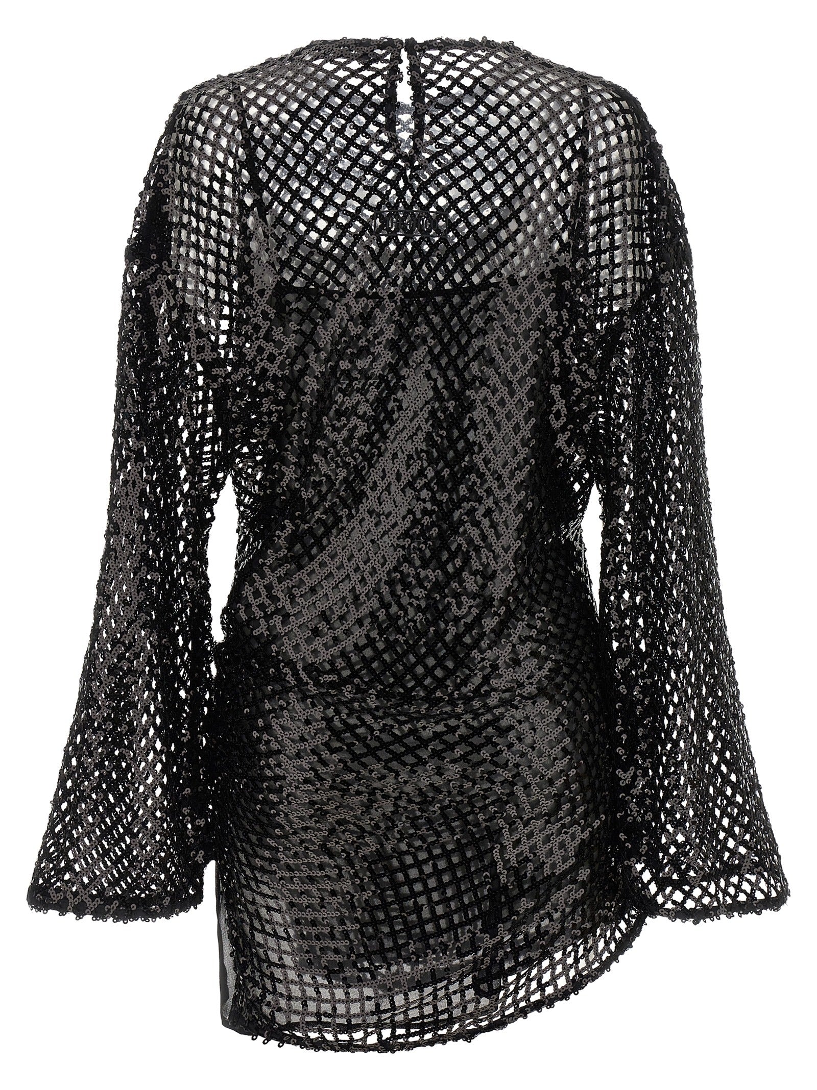 Dress by The Attico for women in polyester sequins black & transparent showcases a striking silhouette, elegantly detailed with a , refined crew split neckline, and a striking short mini for a striking finish.