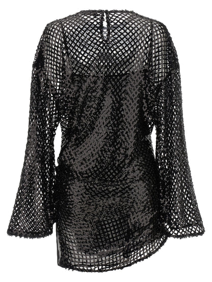 Dress by The Attico for women in polyester sequins black & transparent showcases a striking silhouette, elegantly detailed with a , refined crew split neckline, and a striking short mini for a striking finish.