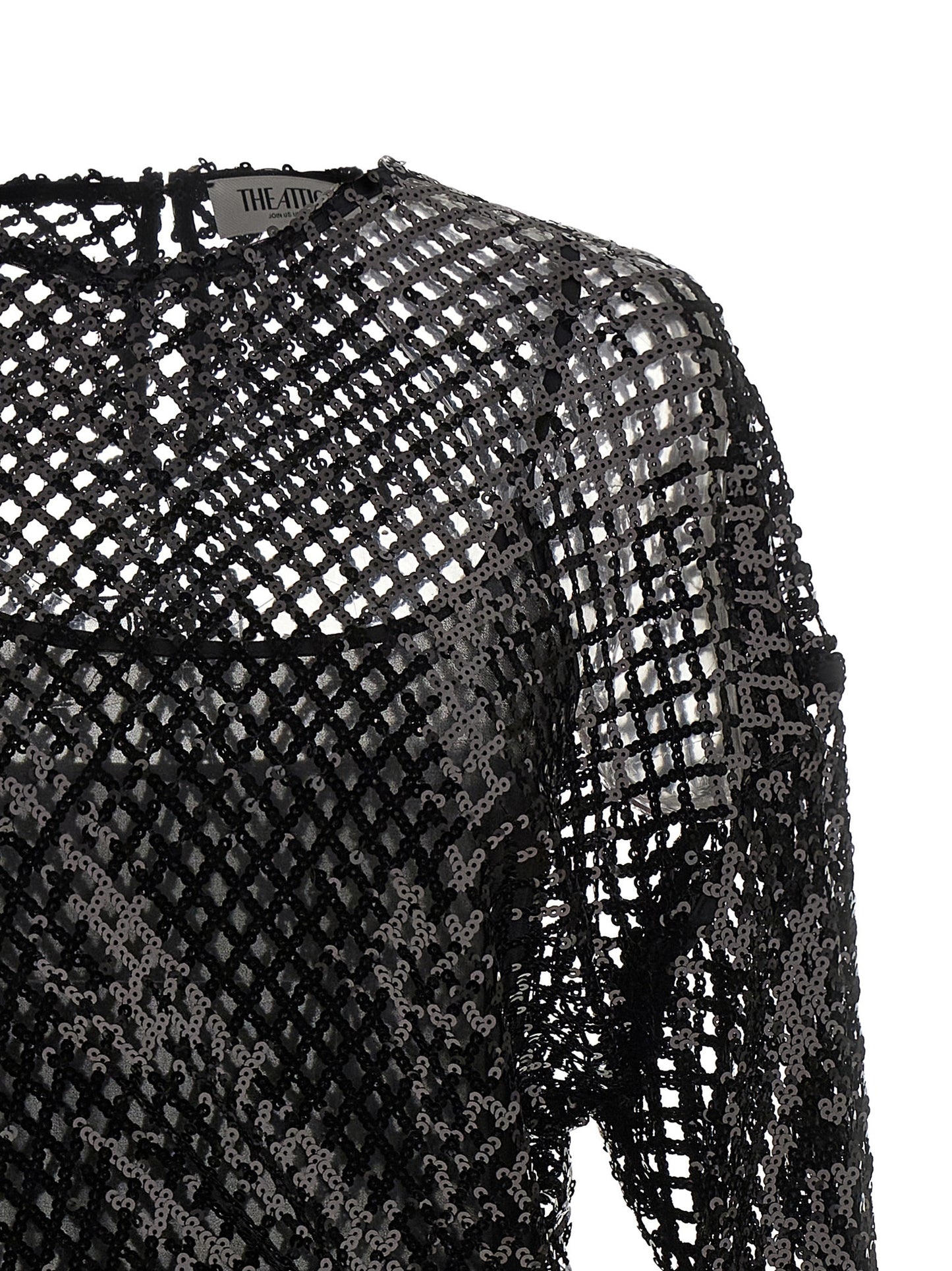Dress by The Attico for women in polyester sequins black & transparent features an cute silhouette, detailed with a and crew split neckline that elegantly flows into a cute short mini.