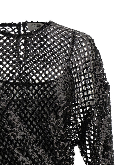 Dress by The Attico for women in polyester sequins black & transparent features an cute silhouette, detailed with a and crew split neckline that elegantly flows into a cute short mini.