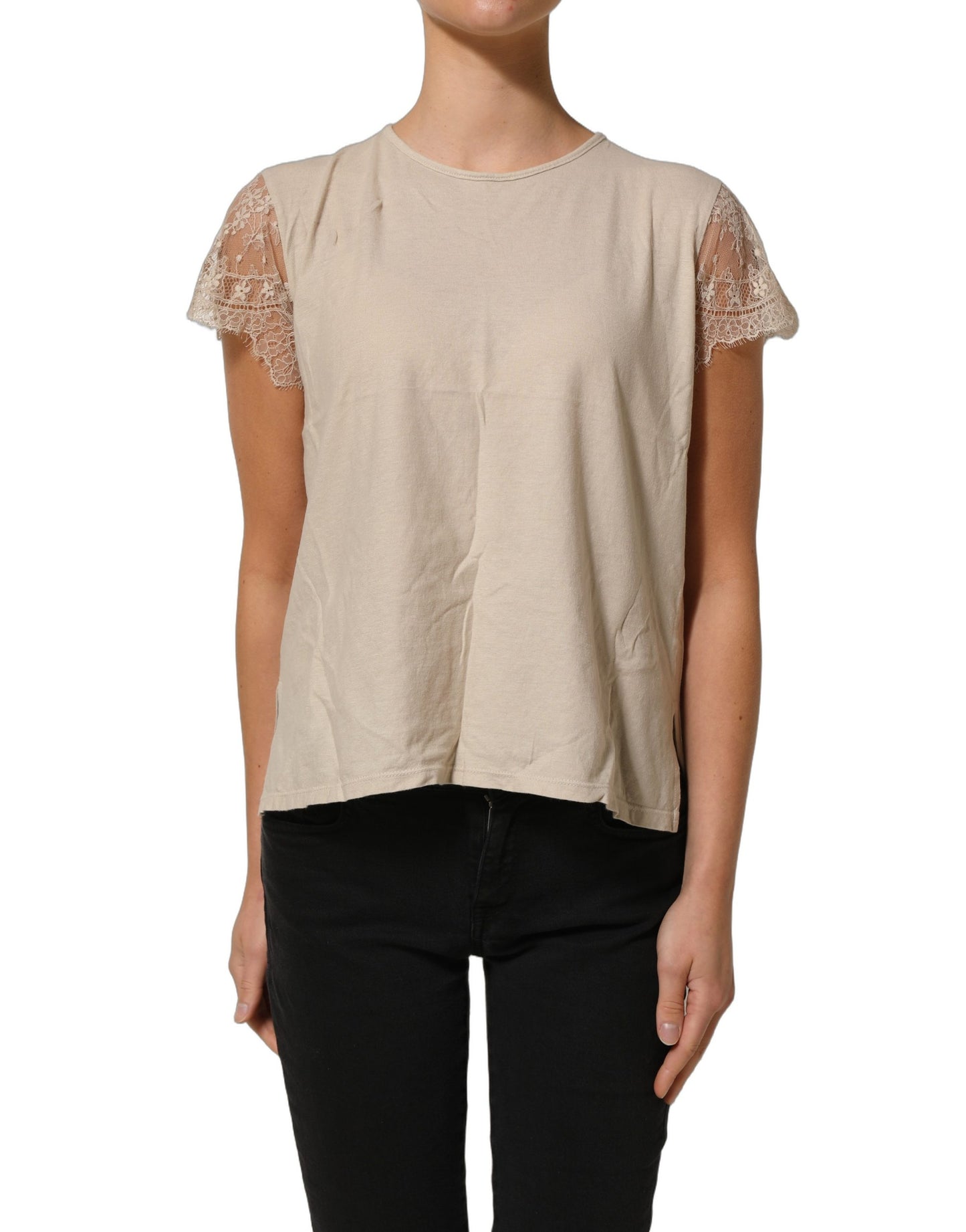 PINK MEMORIES Beige Cotton Lace Detailing Round Neck Top