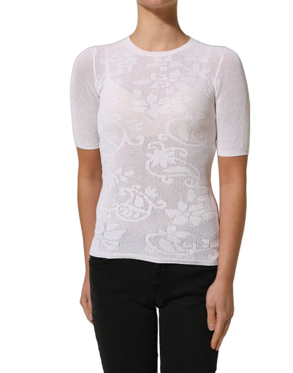 Alpha Studio Alpha Women's Short-Sleeve Crew Neck Cotton Nylon & Lace Blouse - White Floral
