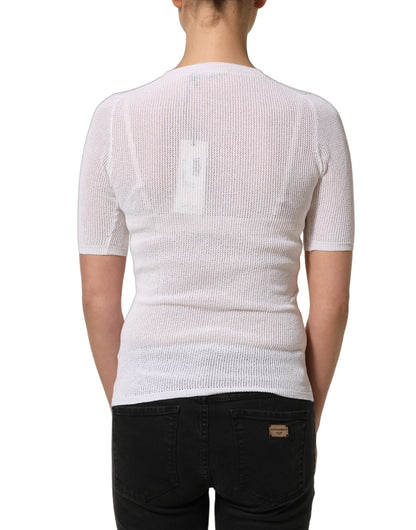 Alpha Studio White Floral Lace Knit Fabric Short Sleeves Blouse Top