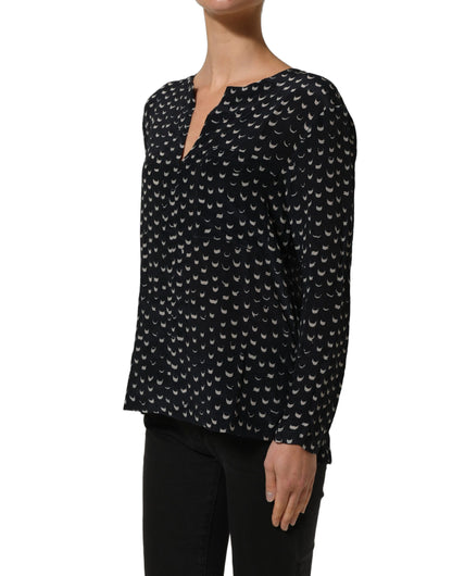 Bruno Manetti Black SIlk Long Sleeves Deep V-neck Blouse Top