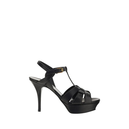 Platform Stiletto Ankle Strap Cage Sandals by Saint Laurent for women in bos taurus calf leather black features an exquisite silhouette, showcasing the exquisite Women's Bos Taurus Calf Leather Platform Stiletto Ankle Strap Cage Sandals with a stiletto platform and almond toe style.