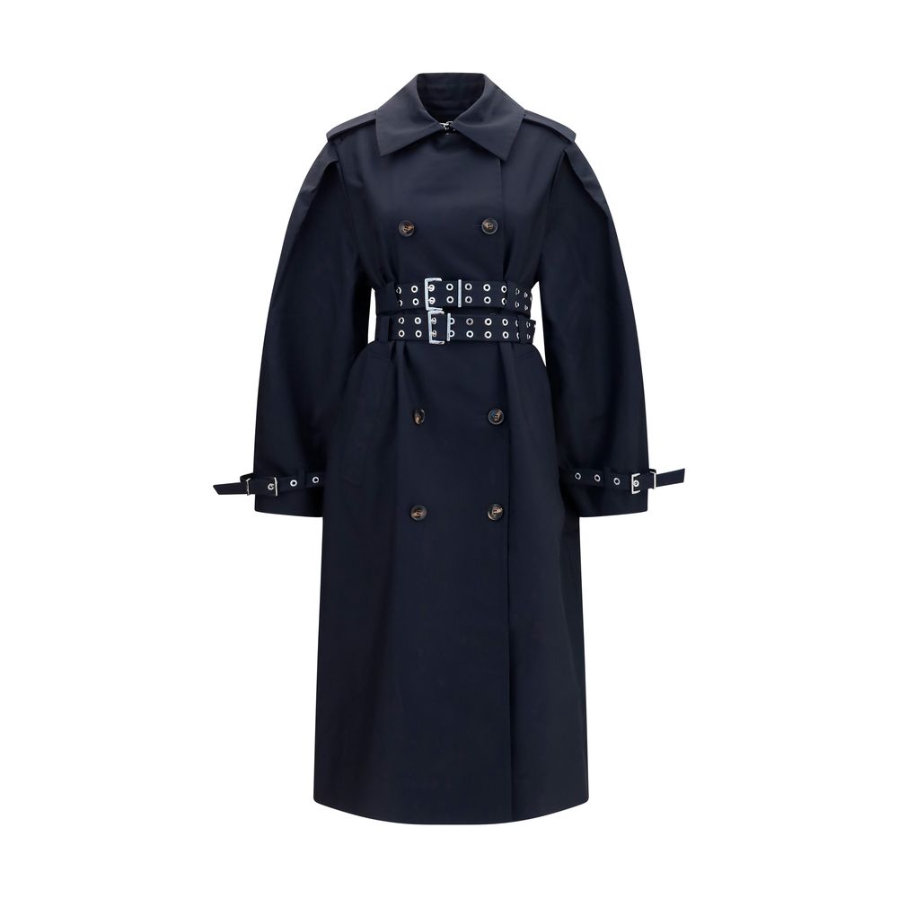 Trench Coat by Ganni for women in cotton black & signature presents a distinguished silhouette, artfully detailed with pockets and a distinguished for a sophisticated, distinguished finish.