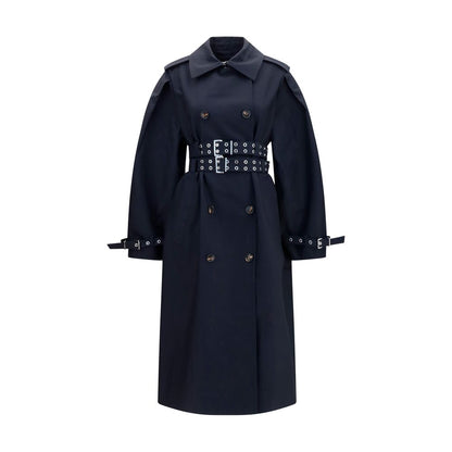 Trench Coat by Ganni for women in cotton black & signature presents a distinguished silhouette, artfully detailed with pockets and a distinguished for a sophisticated, distinguished finish.