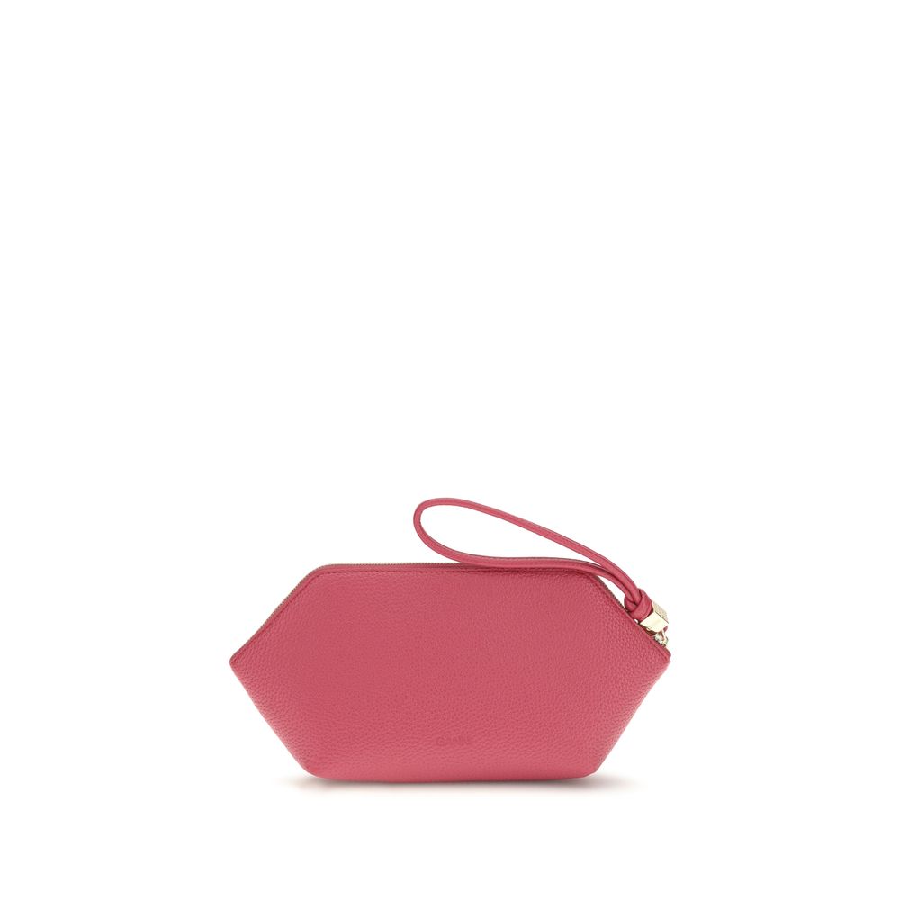 Mini Pouch Clutch Handbag by Ganni for women in polyester polyurethane tu grained leather multicolor & signature features a sculptural silhouette with a secure zipper, ample , and versatile handle for a sculptural finish.