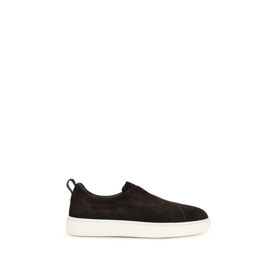 Sneakers by Santoni for men in bos taurus calf suede leather brown & signature features a chic design, perfectly showcasing the chic slip-on style of this Men's Slip On Bos Taurus Calf Suede Leather Sneakers.