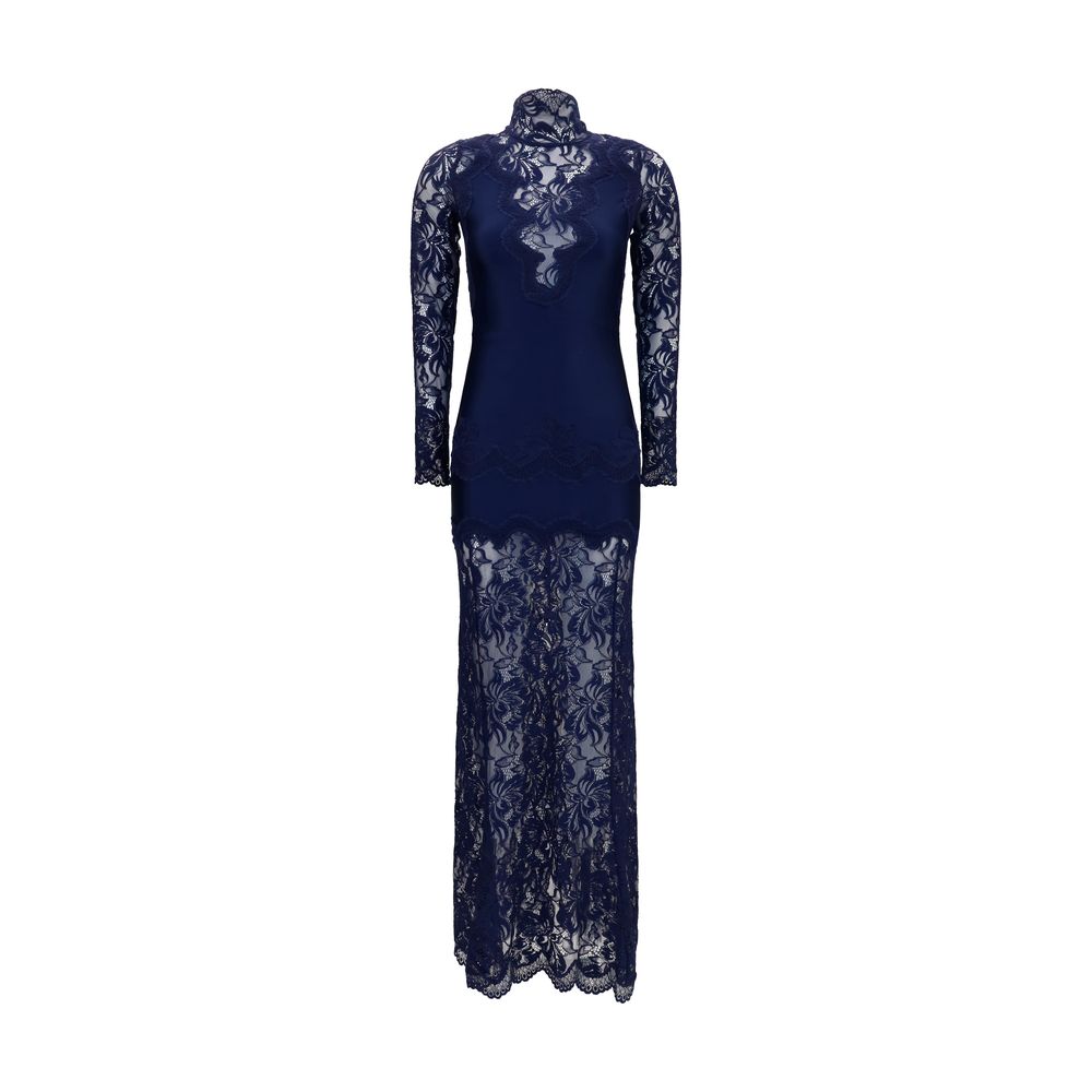 Dress by Rabanne for women in stretch polyamide blue features an eye catching silhouette with a sophisticated high-neck neckline, elegant long-sleeve, and a refined long for a eye catching aesthetic.