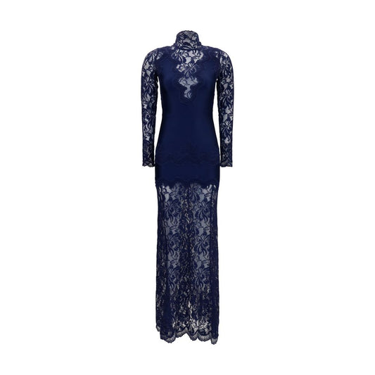 Dress by Rabanne for women in stretch polyamide blue features an eye catching silhouette with a sophisticated high-neck neckline, elegant long-sleeve, and a refined long for a eye catching aesthetic.