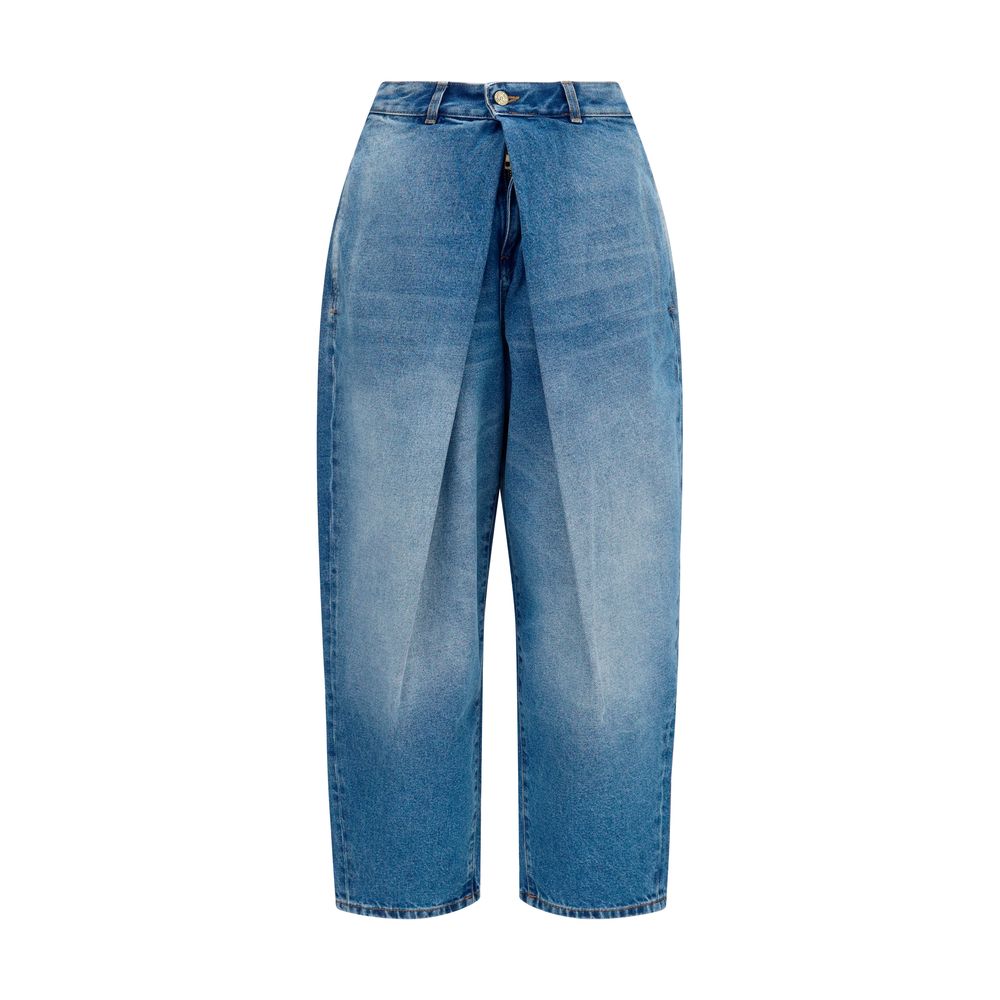 Jeans by Balmain for women in denim cotton blue features a polished silhouette with a polished relaxed-fit, regular-fit & wide, reaching a polished long and finished with a polished .