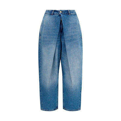 Jeans by Balmain for women in denim cotton blue features a polished silhouette with a polished relaxed-fit, regular-fit & wide, reaching a polished long and finished with a polished .