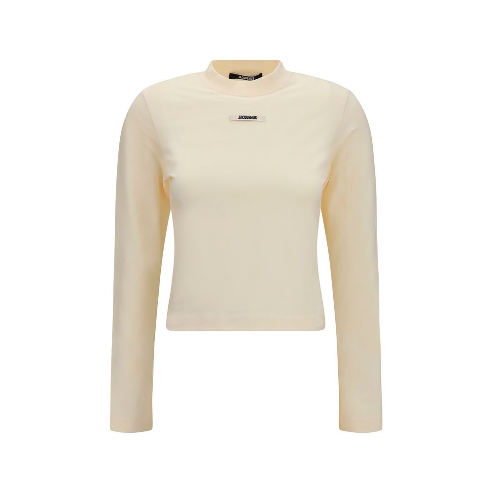 T-Shirt by Jacquemus for women in cotton beige & signature showcases a fashionable silhouette, elegantly detailed with a fashionable long-sleeve and crew neckline for a sophisticated, high-fashion look.