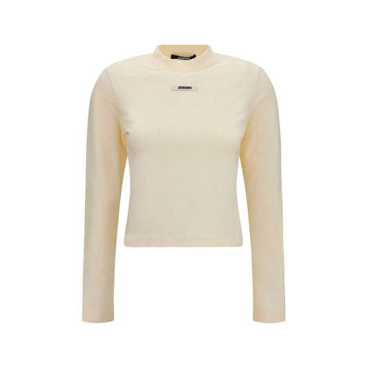 T-Shirt by Jacquemus for women in cotton beige & signature showcases a fashionable silhouette, elegantly detailed with a fashionable long-sleeve and crew neckline for a sophisticated, high-fashion look.