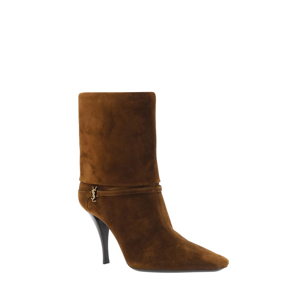 High-Heel Stiletto Ankle Boots by Saint Laurent for women in bos taurus calf suede leather brown & signature showcases a ergonomic silhouette from the Vicky Women's Bos Taurus Calf Suede Leather High-Heel Stiletto Ankle Boots collection, featuring a ergonomic stiletto high-heel and a ergonomic pointed toe style.