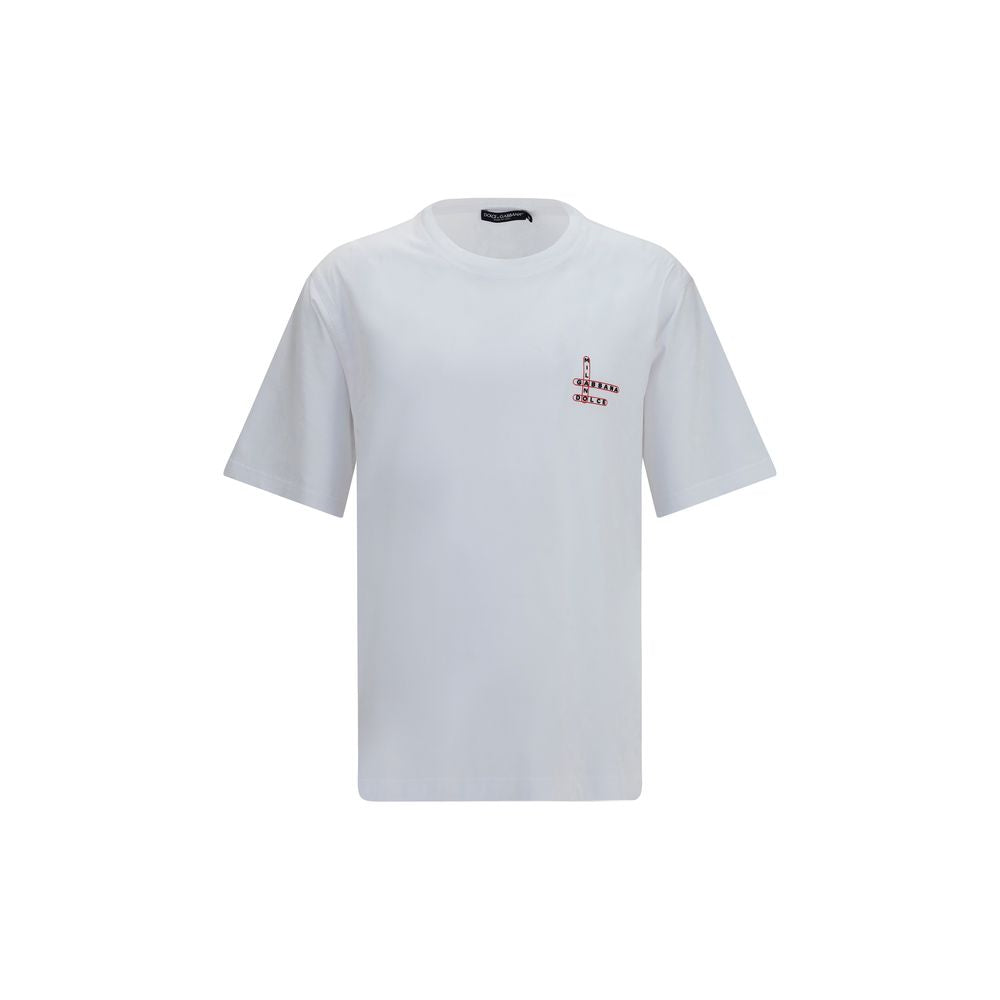 T-Shirt by Dolce & Gabbana for men in cotton white & print showcases a unassuming silhouette, artfully detailed with a refined crew neckline and unassuming short-sleeve for a sophisticated, contemporary look.