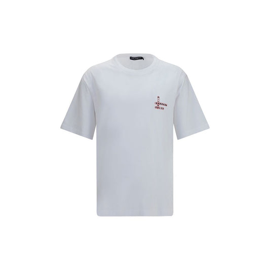 T-Shirt by Dolce & Gabbana for men in cotton white & print showcases a unassuming silhouette, artfully detailed with a refined crew neckline and unassuming short-sleeve for a sophisticated, contemporary look.