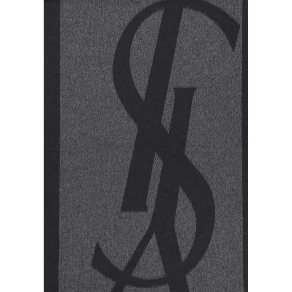 Scarf by Saint Laurent for men in silk gray features a timeless silhouette, artfully capturing the essence of the timeless Cassandre Silk Frayed-Edge Scarf design for a sophisticated look.