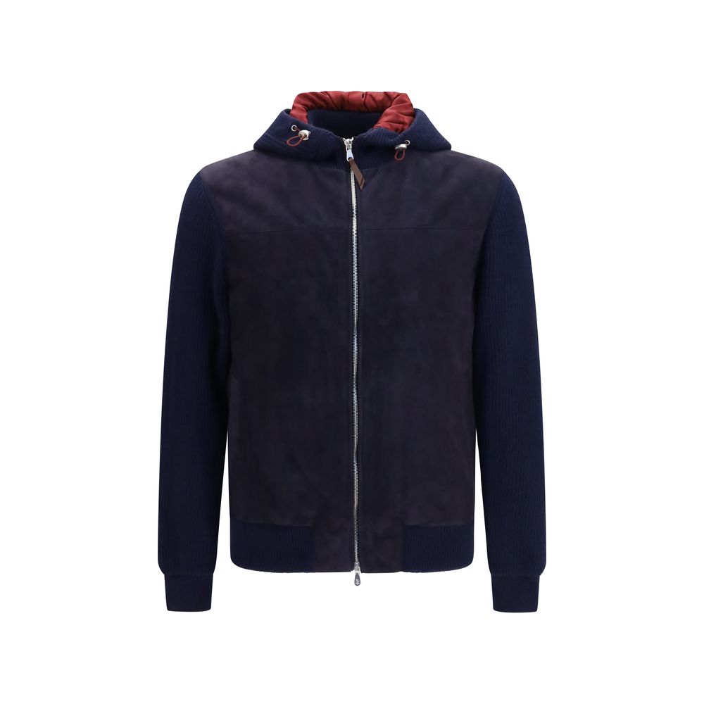 Hooded Jacket by Brunello Cucinelli for men in bos taurus calf suede leather blue showcases a enveloping silhouette, artfully detailed with a enveloping hooded neckline and premium pockets, hooded & insulated for a truly enveloping finish.