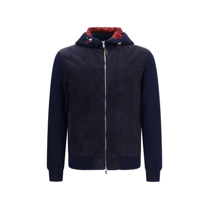 Hooded Jacket by Brunello Cucinelli for men in bos taurus calf suede leather blue showcases a enveloping silhouette, artfully detailed with a enveloping hooded neckline and premium pockets, hooded & insulated for a truly enveloping finish.