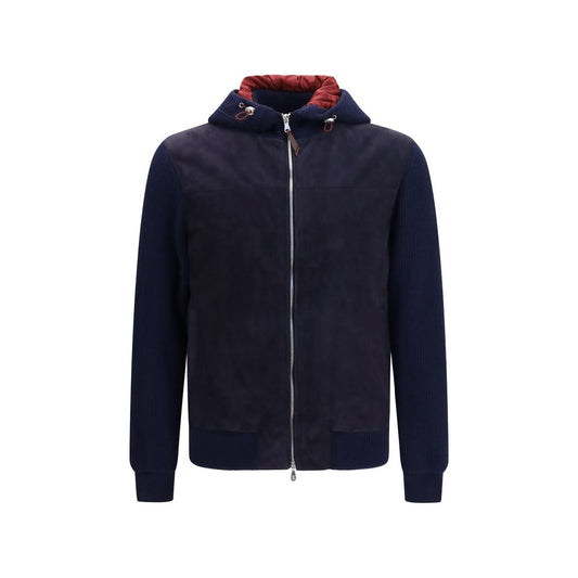Hooded Jacket by Brunello Cucinelli for men in bos taurus calf suede leather blue showcases a enveloping silhouette, artfully detailed with a enveloping hooded neckline and premium pockets, hooded & insulated for a truly enveloping finish.