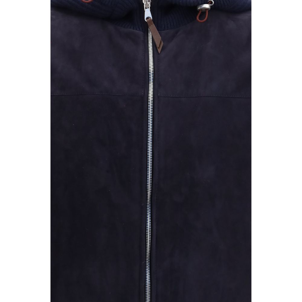 Hooded Jacket by Brunello Cucinelli for men in bos taurus calf suede leather blue presents a impeccable silhouette, showcasing distinct pockets, hooded & insulated and a impeccable for a sophisticated finish.