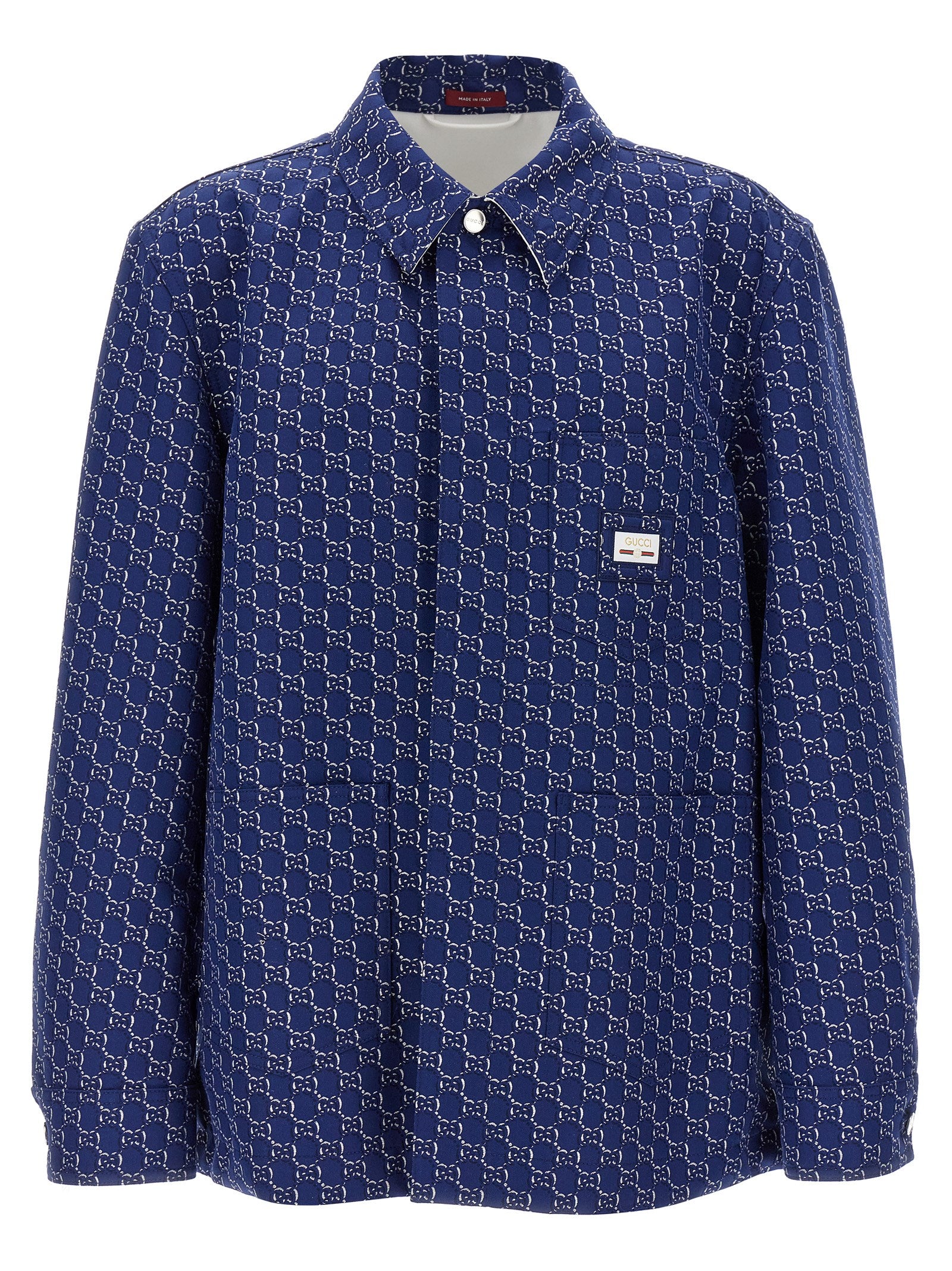 Jacket by Gucci for men in cotton blue, patterned & jacquard presents a impeccable silhouette, showcasing distinct pockets and a impeccable for a sophisticated finish.