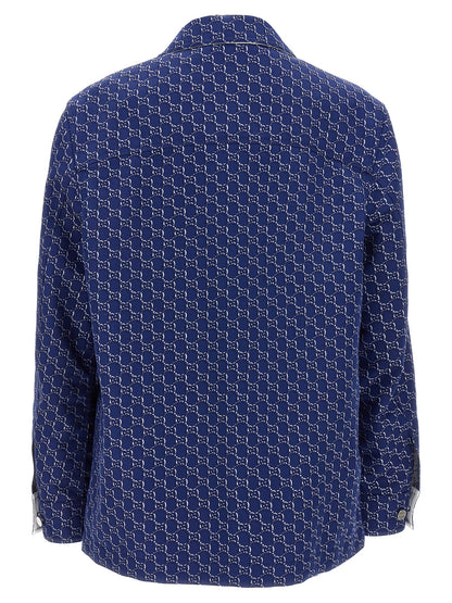 Jacket by Gucci for men in cotton blue, patterned & jacquard showcases a enveloping silhouette, artfully detailed with a enveloping and premium pockets for a truly enveloping finish.