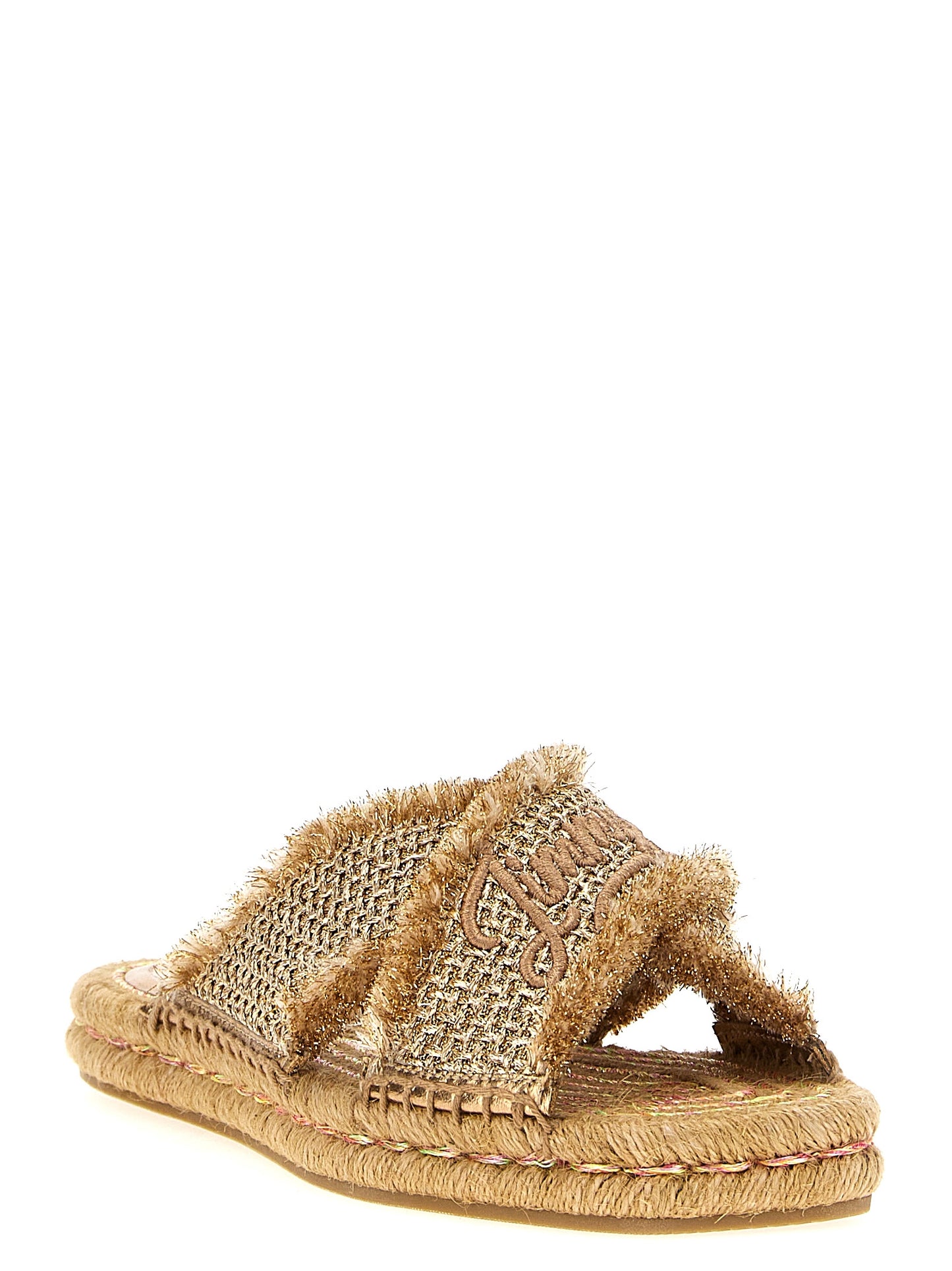 Sliders Sandals Flat Shoes by Jimmy Choo for women in lurex gold showcases a dynamic silhouette, artfully capturing Women's Lurex Sliders Sandals Flat Shoes through its distinctive and elegant square toe style.