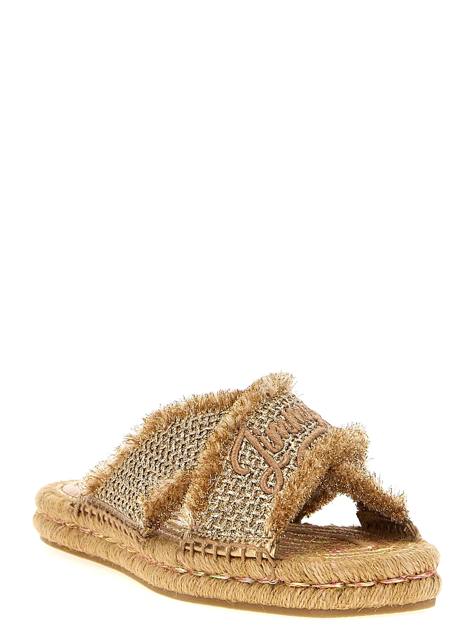Sliders Sandals Flat Shoes by Jimmy Choo for women in lurex gold showcases a dynamic silhouette, artfully capturing Women's Lurex Sliders Sandals Flat Shoes through its distinctive and elegant square toe style.