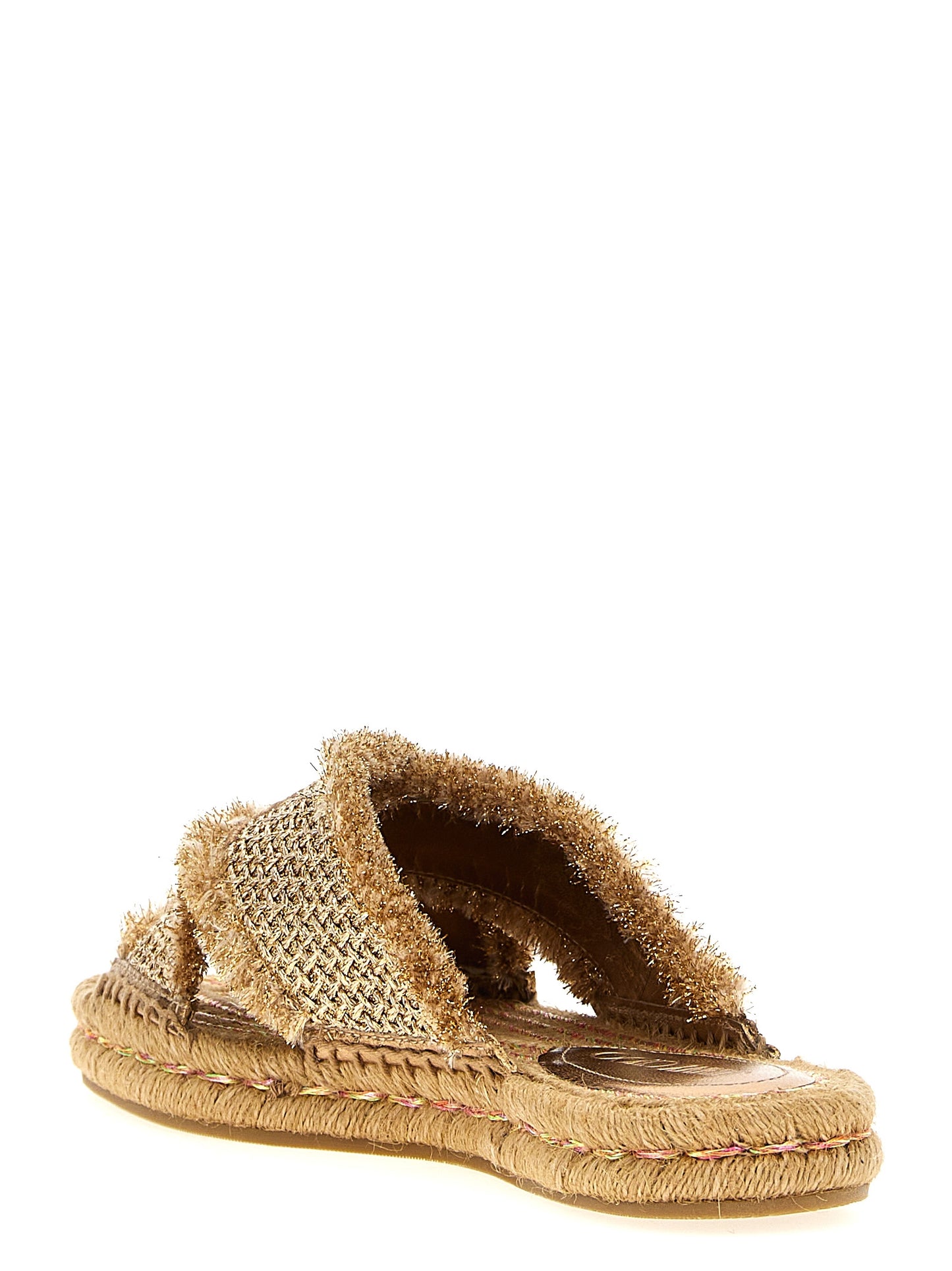 Sliders Sandals Flat Shoes by Jimmy Choo for women in lurex gold presents a effortless chic silhouette, showcasing the Women's Lurex Sliders Sandals Flat Shoes design with a effortless chic and square toe style for a sophisticated look.
