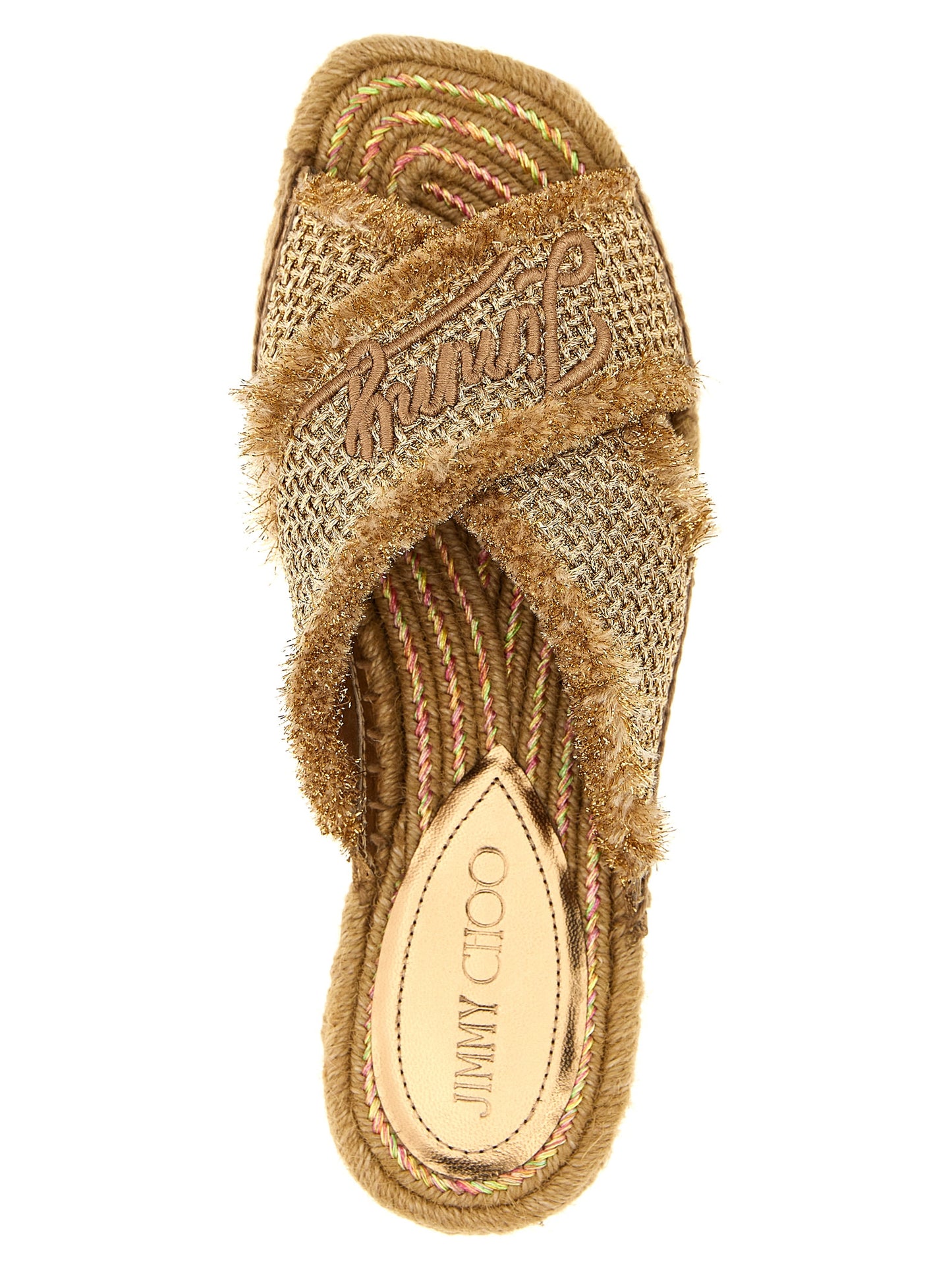 Sliders Sandals Flat Shoes by Jimmy Choo for women in lurex gold showcases a enchanting silhouette as part of the Women's Lurex Sliders Sandals Flat Shoes collection, defined by a enchanting square toe style and for a enchanting look.
