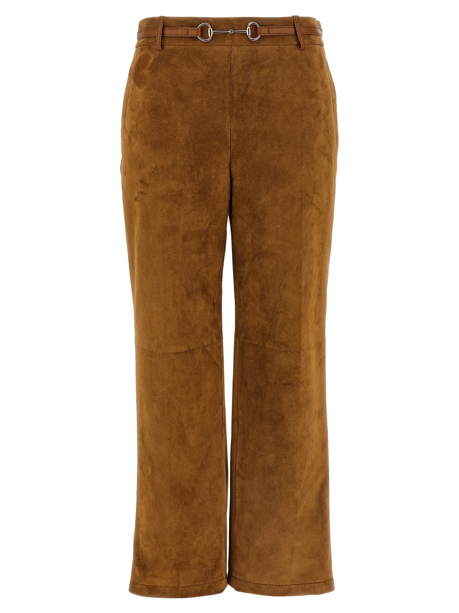 Pants by Gucci for women in bos taurus calf suede leather brown features a enduring silhouette, showcasing a enduring straight-leg and long with a for a premium, tailored aesthetic.