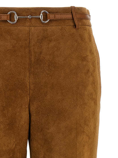 Pants by Gucci for women in bos taurus calf suede leather brown features an on trend silhouette with a and straight-leg cut in an elegant long for a sophisticated look.