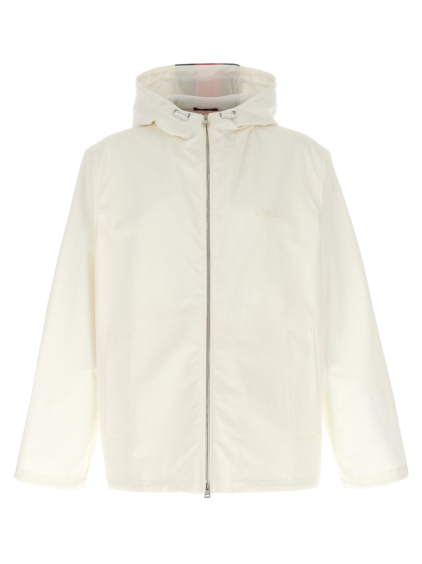 Hooded Windbreaker Jacket by Gucci for men in cotton white & print showcases a urban chic silhouette, detailed with a urban chic hooded neckline and functional pockets, hooded & windproof for a polished finish.