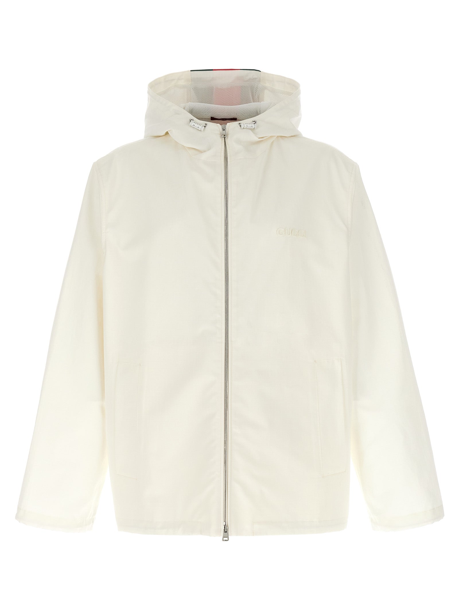 Hooded Windbreaker Jacket by Gucci for men in cotton white & print showcases a urban chic silhouette, detailed with a urban chic hooded neckline and functional pockets, hooded & windproof for a polished finish.