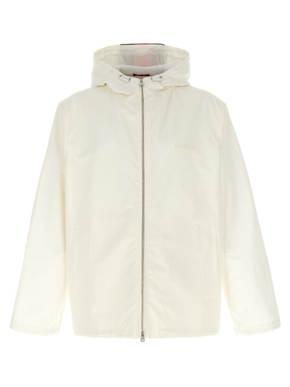 Hooded Windbreaker Jacket by Gucci for men in cotton white & print showcases a urban chic silhouette, detailed with a urban chic hooded neckline and functional pockets, hooded & windproof for a polished finish.